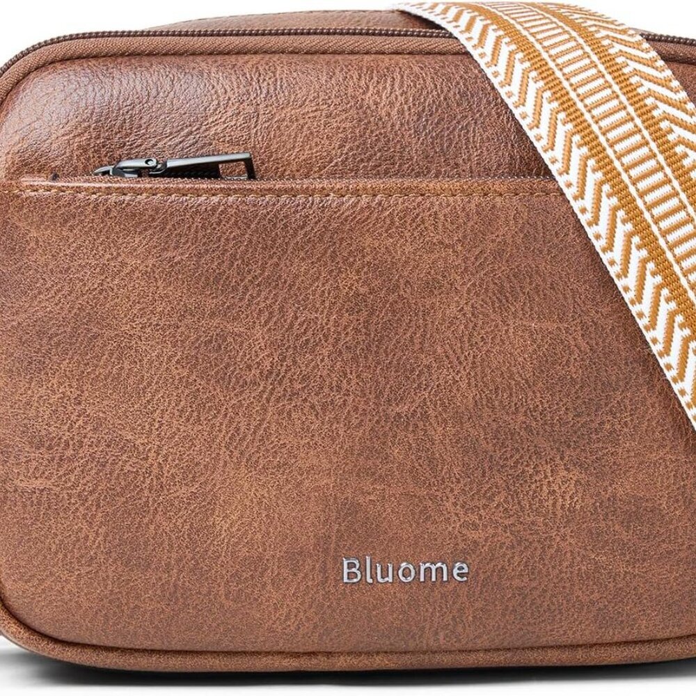 Brown Leather Zipper Crossbody Bag for Women with Wide Guitar Strap
